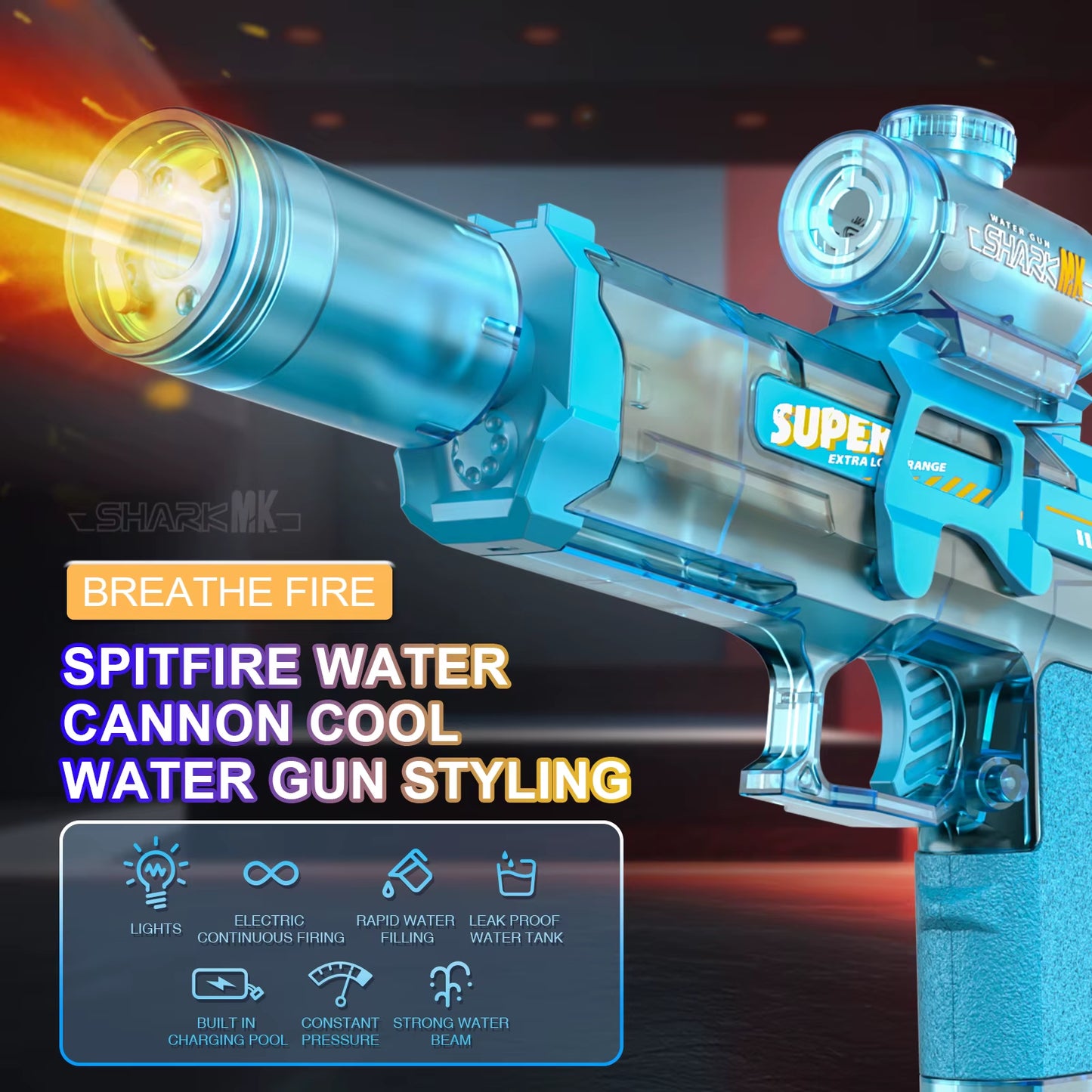 Unleash the Fun with Our Electric High-Pressure Water Gun! Experience Epic Outdoor Play with Continuous Light Spray and Flame Effects!