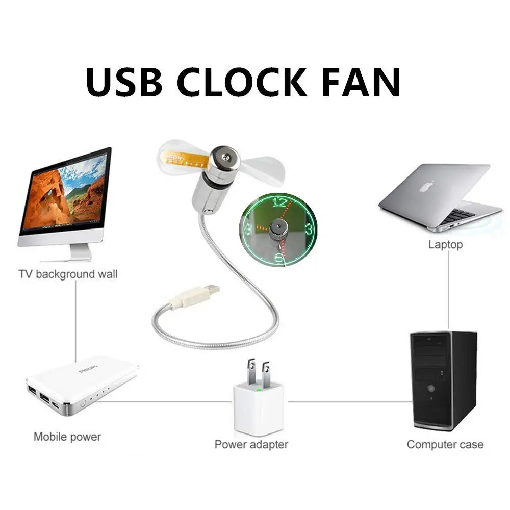 USB Clock Fan with Real Time Clock & Temperature Display Function Night Light Gadgets for Laptop PC Mini Fan