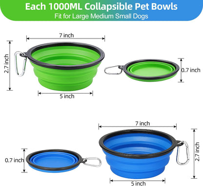 Large Collapsible Dog Bowls - 2 Pack, 34oz Foldable Travel Bowls for Pets, Portable Water and Food Dishes with Clasp, Ideal for Traveling, Walking, and Hiking