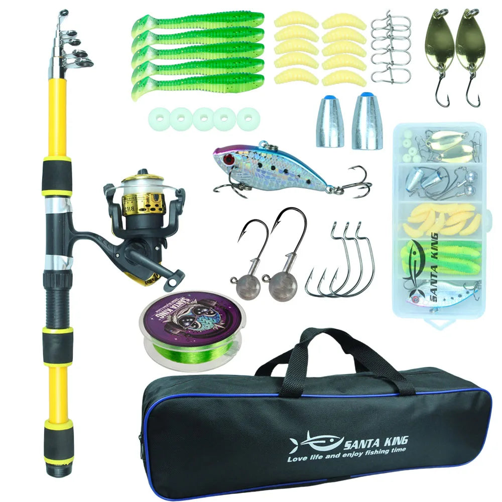 Santa King Fishing Rod Reel Combo- Fishing Full Kits with Telescopic Fishing Rod and Spinning Reel Baits Hooks Travel Pole Set