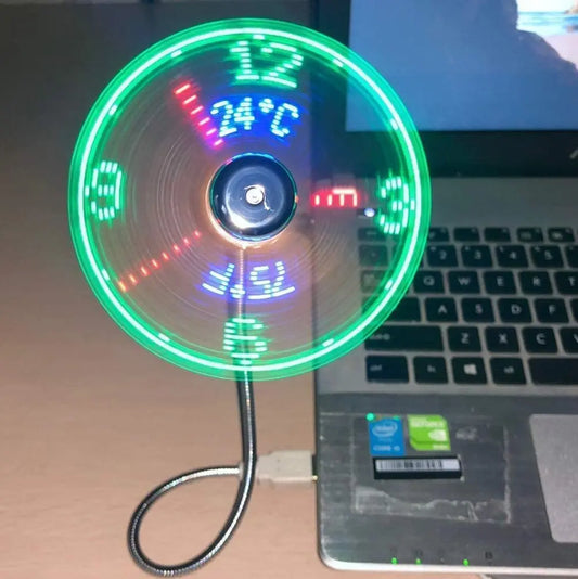 USB Clock Fan with Real Time Clock & Temperature Display Function Night Light Gadgets for Laptop PC Mini Fan