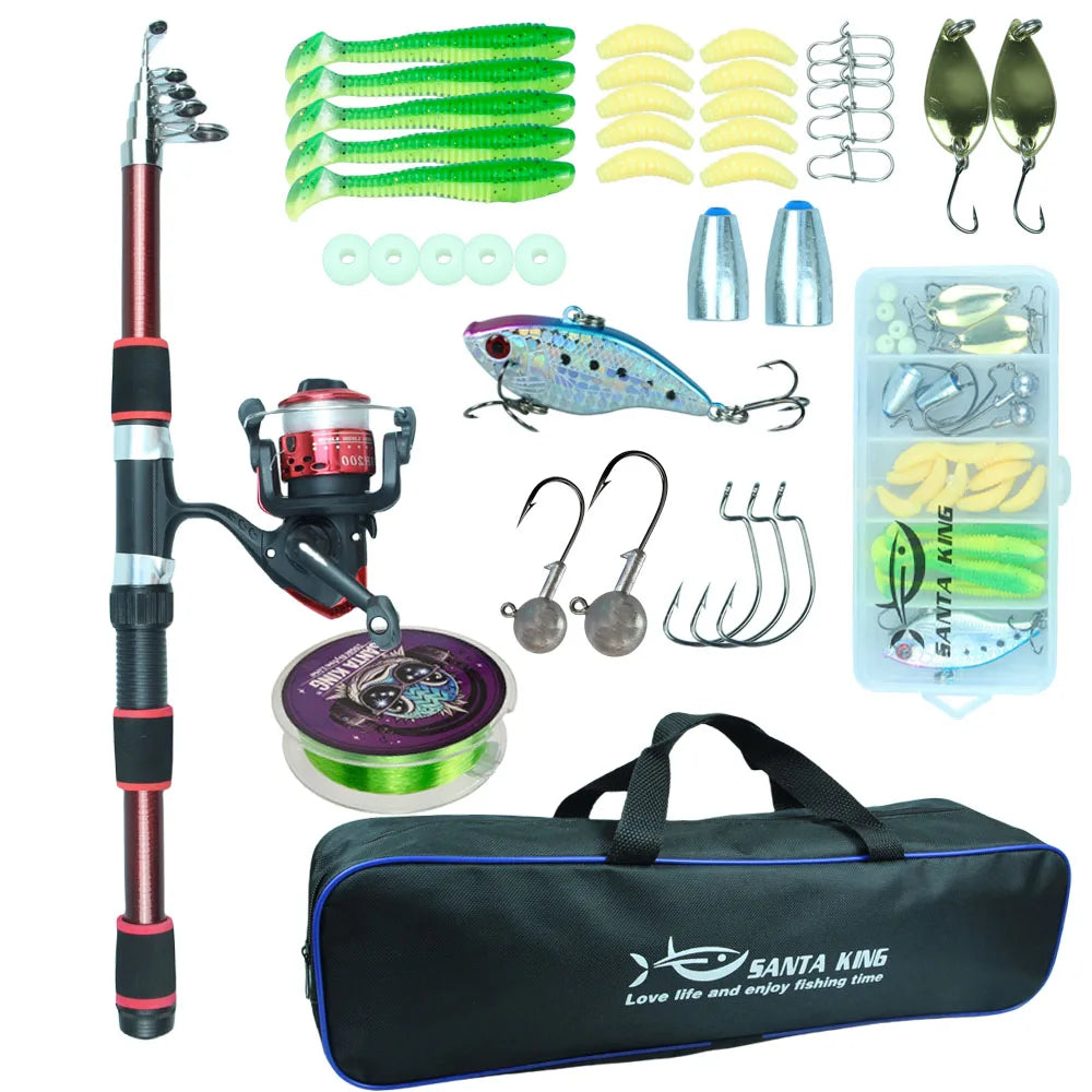 Santa King Fishing Rod Reel Combo- Fishing Full Kits with Telescopic Fishing Rod and Spinning Reel Baits Hooks Travel Pole Set