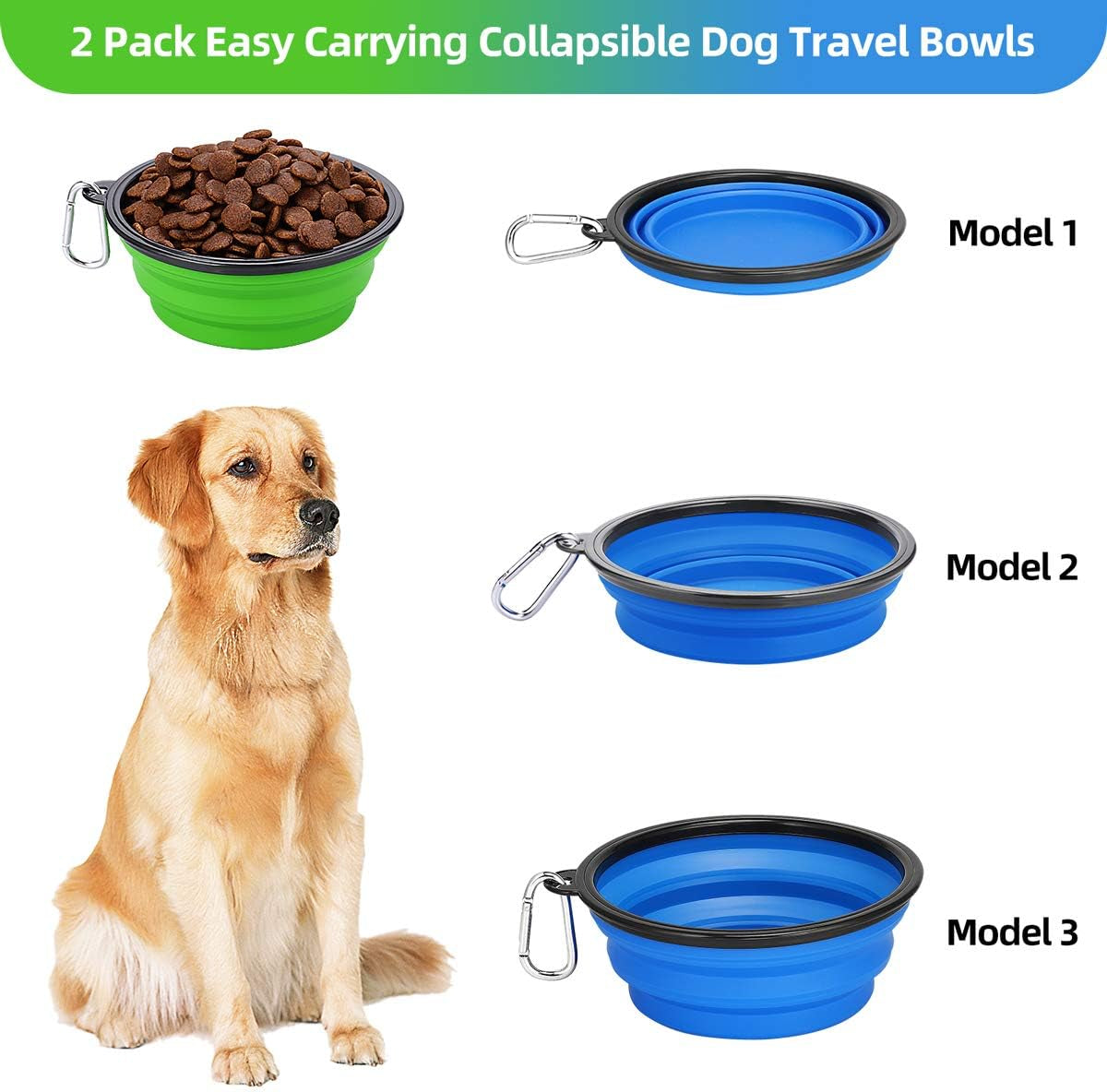 Large Collapsible Dog Bowls - 2 Pack, 34oz Foldable Travel Bowls for Pets, Portable Water and Food Dishes with Clasp, Ideal for Traveling, Walking, and Hiking