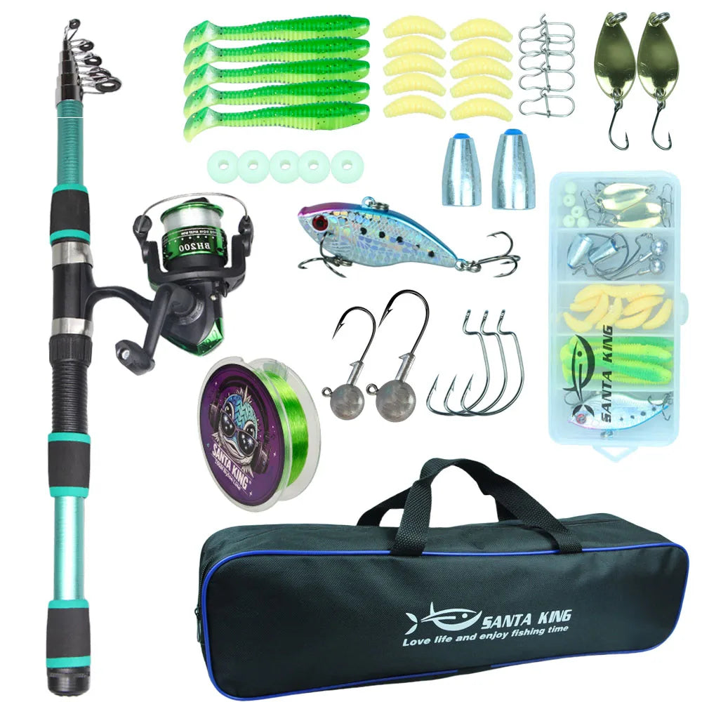 Santa King Fishing Rod Reel Combo- Fishing Full Kits with Telescopic Fishing Rod and Spinning Reel Baits Hooks Travel Pole Set
