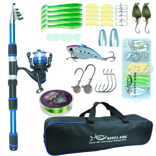 Santa King Fishing Rod Reel Combo- Fishing Full Kits with Telescopic Fishing Rod and Spinning Reel Baits Hooks Travel Pole Set